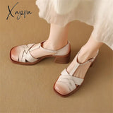 New Women Sandals Split Leather Cover Toe Casual Buckle Strap Summer Shoes For Round High Heels