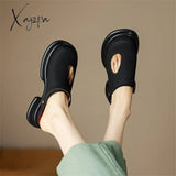 New Women Sandals Split Leather Cover Toe Casual Slippers Summer Hole Shoes For Round High Heel