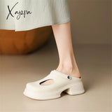 New Women Sandals Split Leather Cover Toe Casual Slippers Summer Hole Shoes For Round High Heel