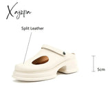 New Women Sandals Split Leather Cover Toe Casual Slippers Summer Hole Shoes For Round High Heel