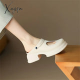 New Women Sandals Split Leather Cover Toe Casual Slippers Summer Hole Shoes For Round High Heel