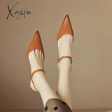 New Women Sandals Split Leather Cover Toe French Retro Summer Shoes For Pointed Office Ladies