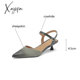 New Women Sandals Split Leather Cover Toe French Retro Summer Shoes For Pointed Office Ladies