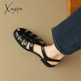 New Women Sandals Split Leather Roman Casual Buckle Strap Summer Shoes Gladiator Round Toe Low Heel