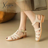 New Women Sandals Split Leather Roman Casual Buckle Strap Summer Shoes Gladiator Round Toe Low Heel