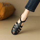 New Women Sandals Split Leather Roman Casual Buckle Strap Summer Shoes Gladiator Round Toe Low Heel