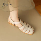 New Women Sandals Split Leather Roman Casual Buckle Strap Summer Shoes Gladiator Round Toe Low Heel