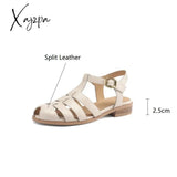 New Women Sandals Split Leather Roman Casual Buckle Strap Summer Shoes Gladiator Round Toe Low Heel