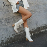 New Women's Autumn and Winter Fashion Outdoor White Pointed Thick Heel Tassel Mid Sleeve Western Boots LS936