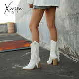 New Women’s Autumn And Winter Fashion Outdoor White Pointed Thick Heel Tassel Mid Sleeve Western