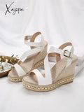 One Word Buckle Lady Slope Heel Platform Sandal New Style Straw-Woven High-Heeled Muffin Roman