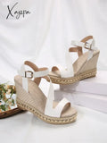 One Word Buckle Lady Slope Heel Platform Sandal New Style Straw-Woven High-Heeled Muffin Roman