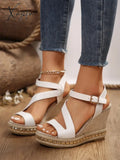 One Word Buckle Lady Slope Heel Platform Sandal New Style Straw-Woven High-Heeled Muffin Roman