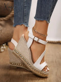 One Word Buckle Lady Slope Heel Platform Sandal New Style Straw-Woven High-Heeled Muffin Roman