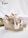 One Word Buckle Lady Slope Heel Platform Sandal New Style Straw-Woven High-Heeled Muffin Roman