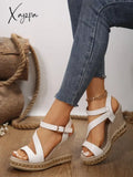 One Word Buckle Lady Slope Heel Platform Sandal New Style Straw-Woven High-Heeled Muffin Roman