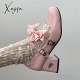 Pink Mary Jane Lolita Shoes Women Autumn Y2K Patent Leather Low Heels Pumps Woman Silk Bowtie Ankle Straps Party Shoes