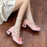 Pink Mary Jane Lolita Shoes Women Autumn Y2K Patent Leather Low Heels Pumps Woman Silk Bowtie Ankle