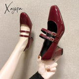 Red Patent Leather Mary Janes Shoes Summer New Fashion Square Toe Women's Pumps Comfortable Chunky Heel Ladies Single Shoes