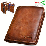 RFID Blocking Trifold Genuine Leather Wallets for Men, Top Layer Cowhide Vintage Short Multi Function Credit Card Holder, Money Clips with 2 ID Windows Give Gifts to Men