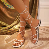 Sandals Women Summer New 2024 Beach Fashion Sexy Flat Casual Cross-Tie Open Toe Fairy Style Narrow