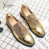 Spring Tassel Men's Shoes Golden Nightclub Casual Shoes Loafers Mens Shoes Slip-on Comfort Shoes Bright Leather Low-heeled Shoes