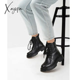 Thick Plush Ankle Boots Women Lace Up Keep Warm Block Heels Round Toe Anti-Slip Water Proof Zipper