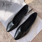 Withered French Fashion Elegant Texture Leather Flat Shoes Vintage Pointy Ballet Women’s Slip-On