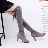 Women Boot Faux Suede Over The Knee Boots Lace Up Sexy High Heels Shoes Woman Female Slim Thigh