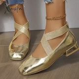 Women Genuine Leather Mary Janes Square Toe Flat Buckle Shallow Ladies Fashion Career Shoes Spring Autumn Gold Silver 40