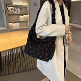 Women Strawberry Printed Shoulder Bag With Ruched Strap Pattern Satchel Corduroy Ladies Shopping