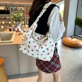 Women Strawberry Printed Shoulder Bag with Ruched Strap Strawberry Pattern Satchel Bag Corduroy Ladies Shopping Bags