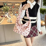 Women Strawberry Printed Shoulder Bag With Ruched Strap Pattern Satchel Corduroy Ladies Shopping