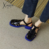 Women Summer Sandals Patent Leather Roman Casual Buckle Strap Shoes Gladiator Chunky Heel Sandalias