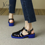 Women Summer Sandals Patent Leather Roman Casual Buckle Strap Shoes Gladiator Chunky Heel Sandalias