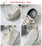 Women’s Canvas Sneakers Dirty Shoes New Student Thick Dissolving Heels White Lace Up Sports For