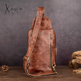 Xajzpa - 100% Genuine Leather Men’s Chest Bag Vintage Cow Crossbody Travel Sling Shoulder Bags