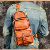 Xajzpa - 100% Genuine Leather Men’s Chest Bag Vintage Cow Crossbody Travel Sling Shoulder Bags