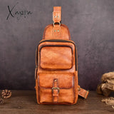 Xajzpa - 100% Genuine Leather Men's Chest Bag Vintage Cow Leather Crossbody Bag Travel Sling Shoulder Bags Cross Body Messenger Bags