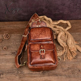 Xajzpa - 100% Genuine Leather Men’s Chest Bag Vintage Cow Crossbody Travel Sling Shoulder Bags