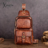 Xajzpa - 100% Genuine Leather Men’s Chest Bag Vintage Cow Crossbody Travel Sling Shoulder Bags