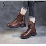 Xajzpa - 2023 Autumn Winter Warm Ankle Boots For Women Luxury Genuine Cow Leather Square Heel