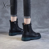 Xajzpa - 2023 Autumn Winter Warm Ankle Boots For Women Luxury Genuine Cow Leather Square Heel