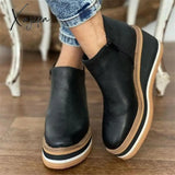 Xajzpa - 2023 Fashion Women Short Boots Round Toe High Top Platform Wedges Retro Booties Soft