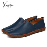 Xajzpa 2023 Genuine Cow Leather Mens Loafers Fashion Handmade Moccasins Soft Leather Blue Slip On