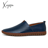 Xajzpa 2023 Genuine Cow Leather Mens Loafers Fashion Handmade Moccasins Soft Leather Blue Slip On