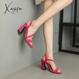 Xajzpa - 2023 New Arrival Crystal Thick High Heels Women Sandals Fashion Square Toe Buckle Strap