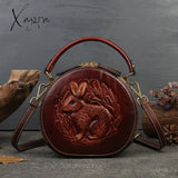 Xajzpa - 2023 New Retro Round Women’s Genuine Leather Handbags For Ladies Luxury Designer Rabbit