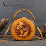 Xajzpa - 2023 New Retro Round Women’s Genuine Leather Handbags For Ladies Luxury Designer Rabbit