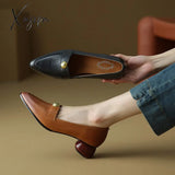 Xajzpa - 2023 new Spring women pumps natural leather 22-24.5cm cowhide upper pointed toe metal Vintage loafers round heels women's shoes